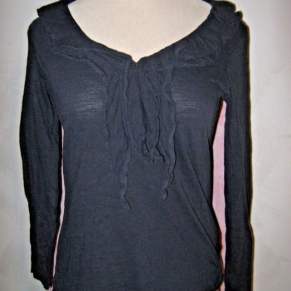Dark Blue Ruffle V Neck Long Sleeve Stretch Top L
